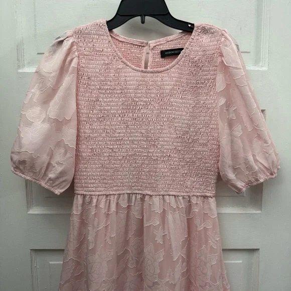 Merokeety Pink Smocked Midi Dress M Cottagecore Puff Sleeve Tiered - Picture 3 of 13